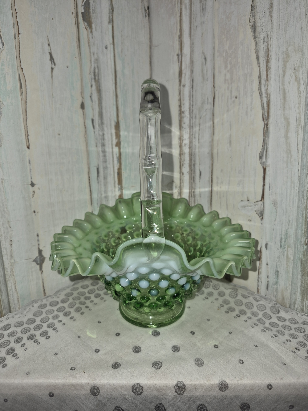Fenton Green Hobnail Glass Basket with Ruffled Edge